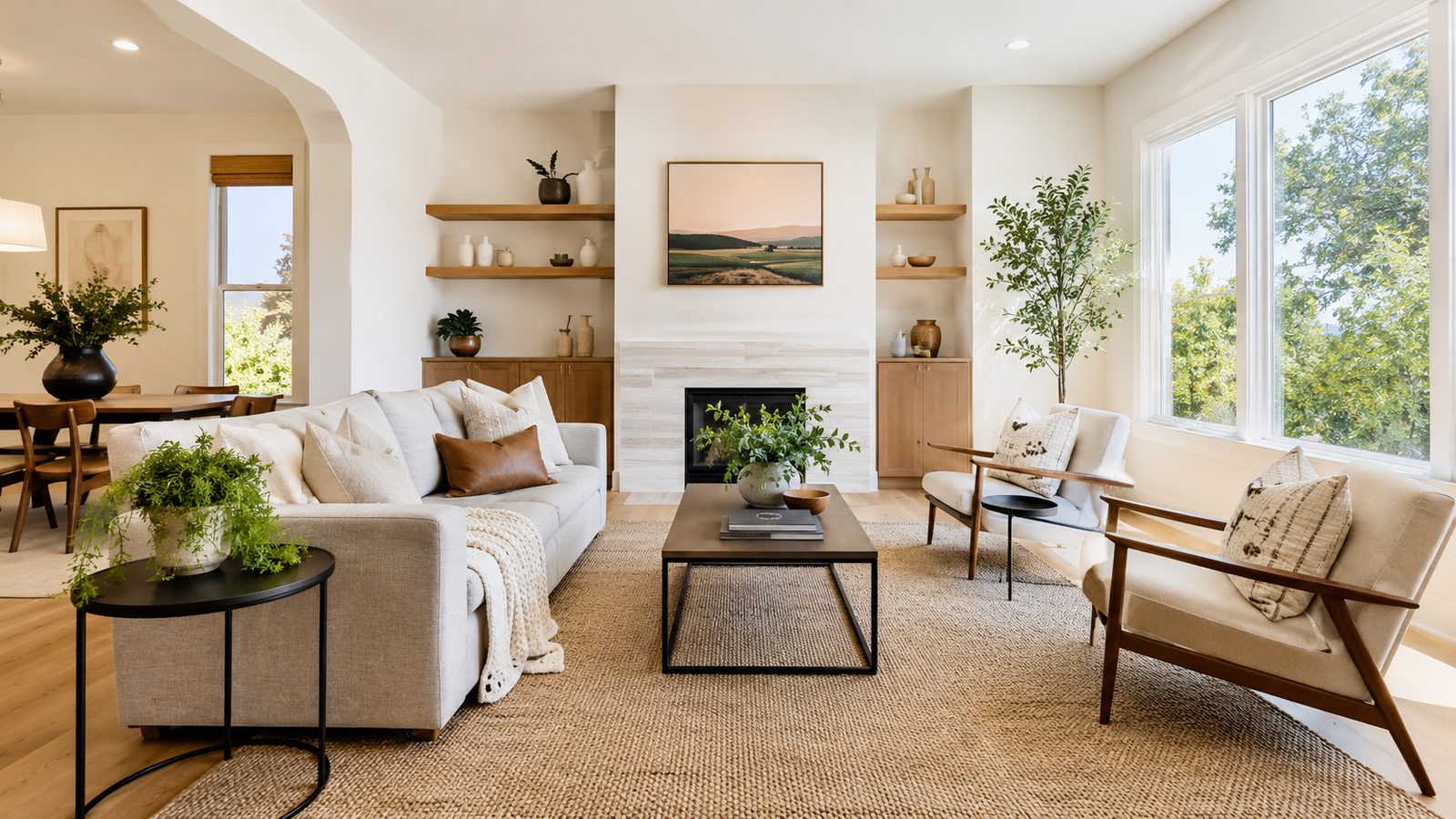 Staged living room in a Sherman Oaks home prepared for listing with neutral decor and natural light
