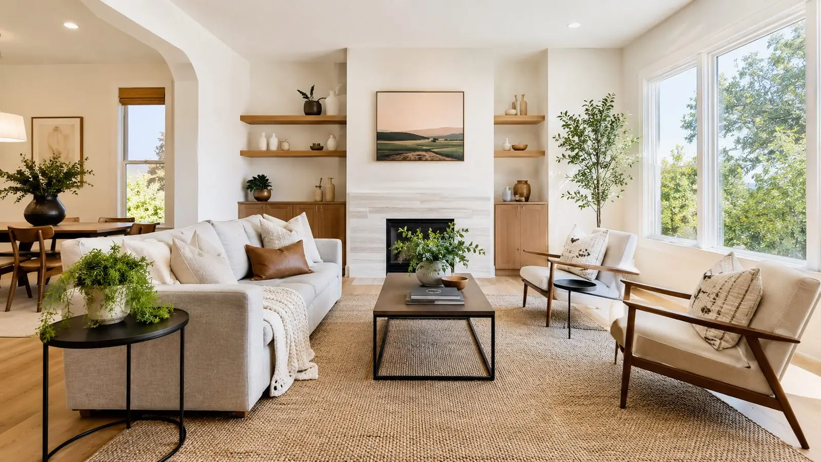 Staged living room in a Sherman Oaks home prepared for listing with neutral decor and natural light