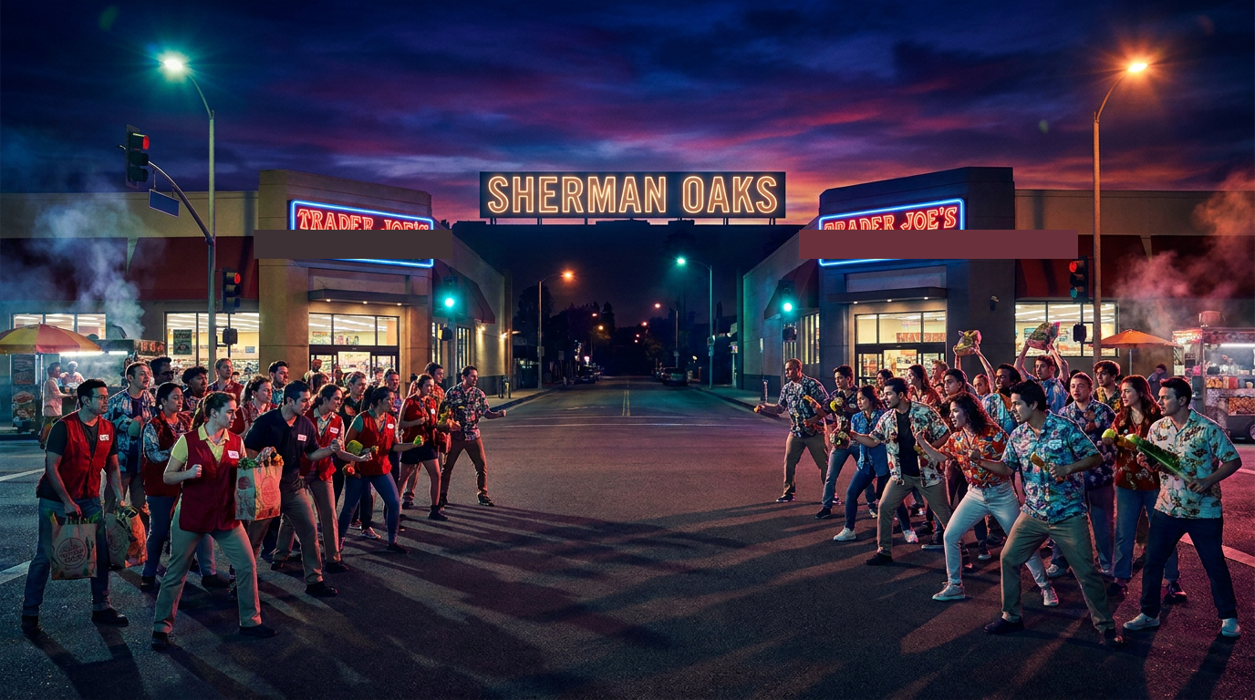 Two Trader Joes Sherman Oaks on Riverside Drive at night